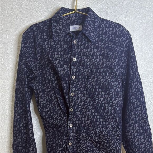 NWT- OFF-WHITE Navy Button-Up Shirt with Patterned logo Print- size 38 (Size 2) - Picture 7 of 16